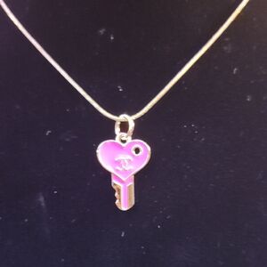 Upcycled Chic Gold Necklace with Pink Heart Key Pendant #51